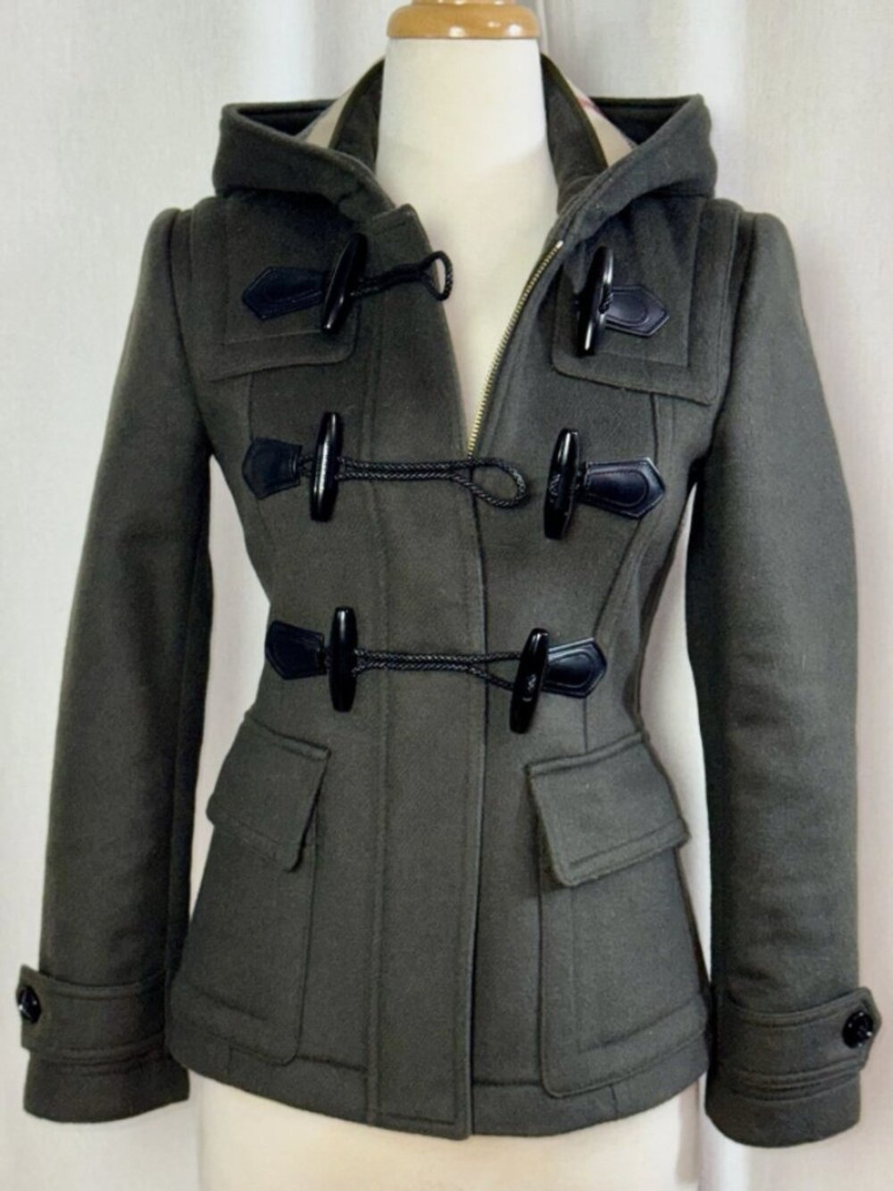 Burberry Olive Hooded Wool Toggle Pea Coat with Check Hood Lining - Picture 2 of 16